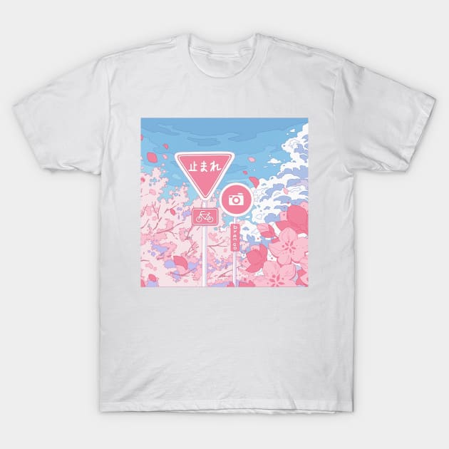 The cute Japanese signs, sky, and pink cherry blossom T-Shirt by AnGo